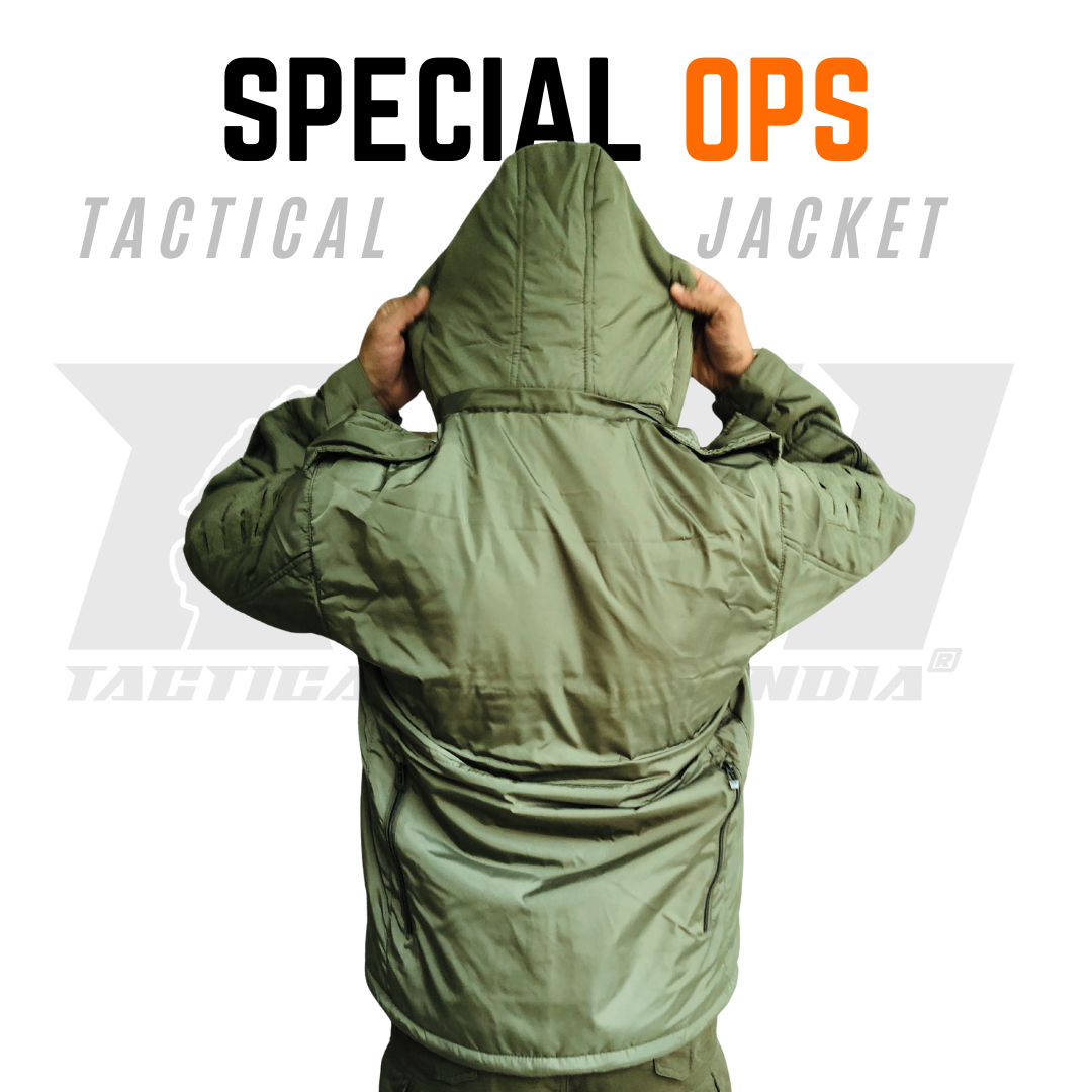 Side angle of the jacket showing multiple pockets and sleeve Velcro for unit patches.