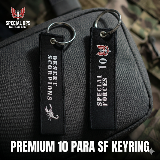 Close-up of a premium black tactical keyring featuring the 10 PARA SF Special Forces and Desert Scorpions embroidered insignia.