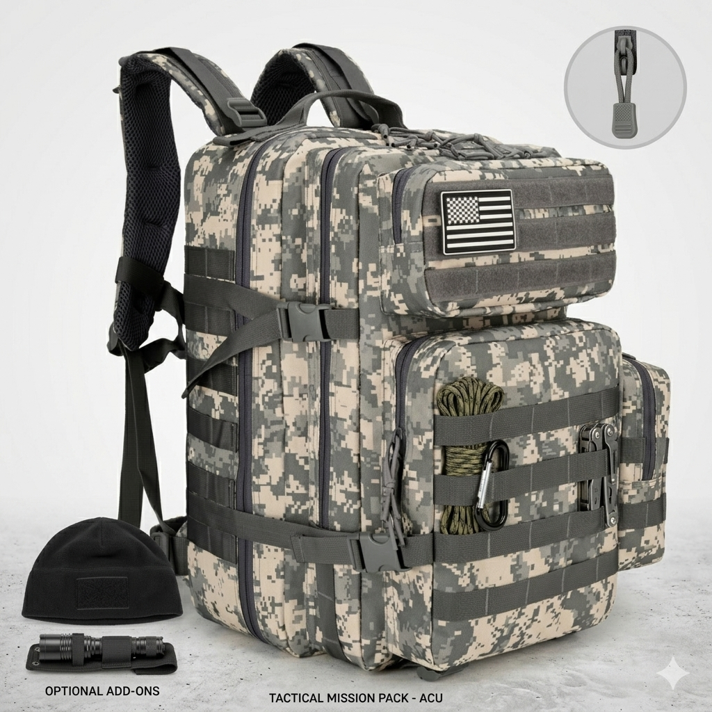 Front view of a multi-compartment army backpack in grey and tan digital camo, showcasing ergonomic padded shoulder straps and external gear loops