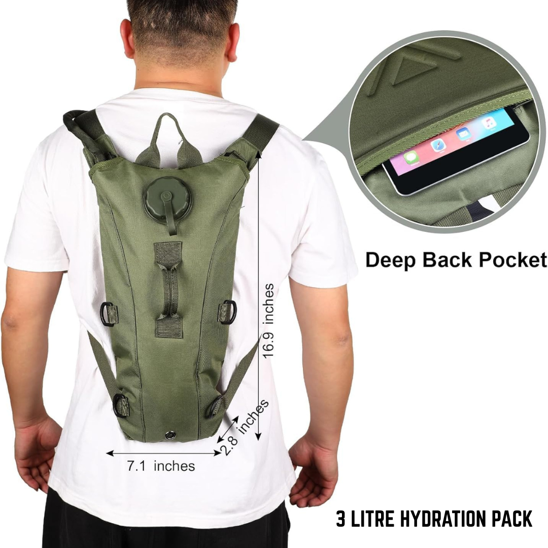 Reflective tactical hydration pack with quick-access gear pockets at night
