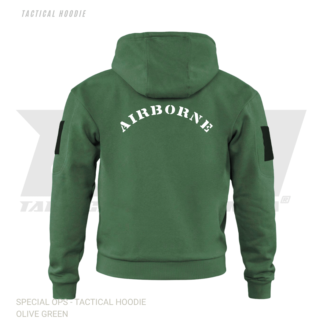 Rear view of Airborne branded tactical hoodie showing white arched text on olive green