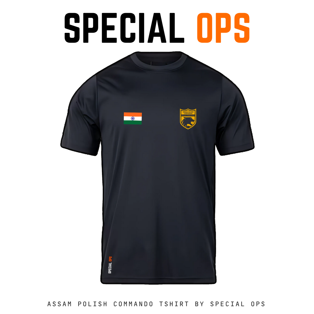 Assam Police Commando T-Shirt front design on a grey background