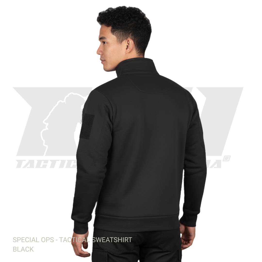 Combat-grade tactical sweatshirt featuring dual sleeve pockets for law enforcement and military use