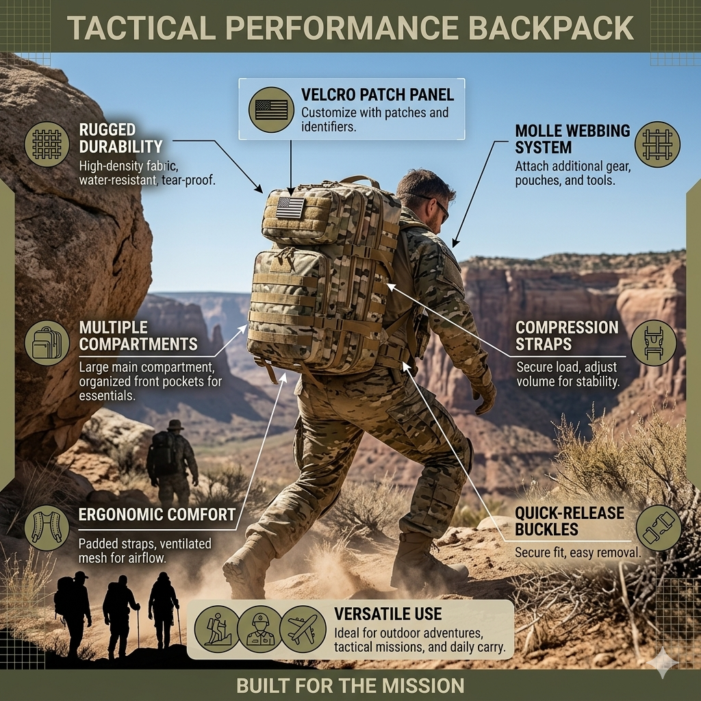 Multicam camouflage tactical performance backpack infographic showing a hiker in rugged terrain, detailing key features like MOLLE webbing system, compression straps, and multiple compartments