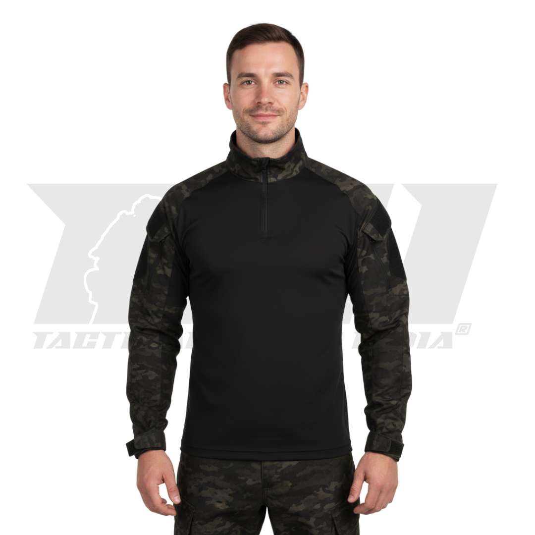 SPECIAL OPS black multicam tactical combat uniform set with cargo pants and combat shirt on white background