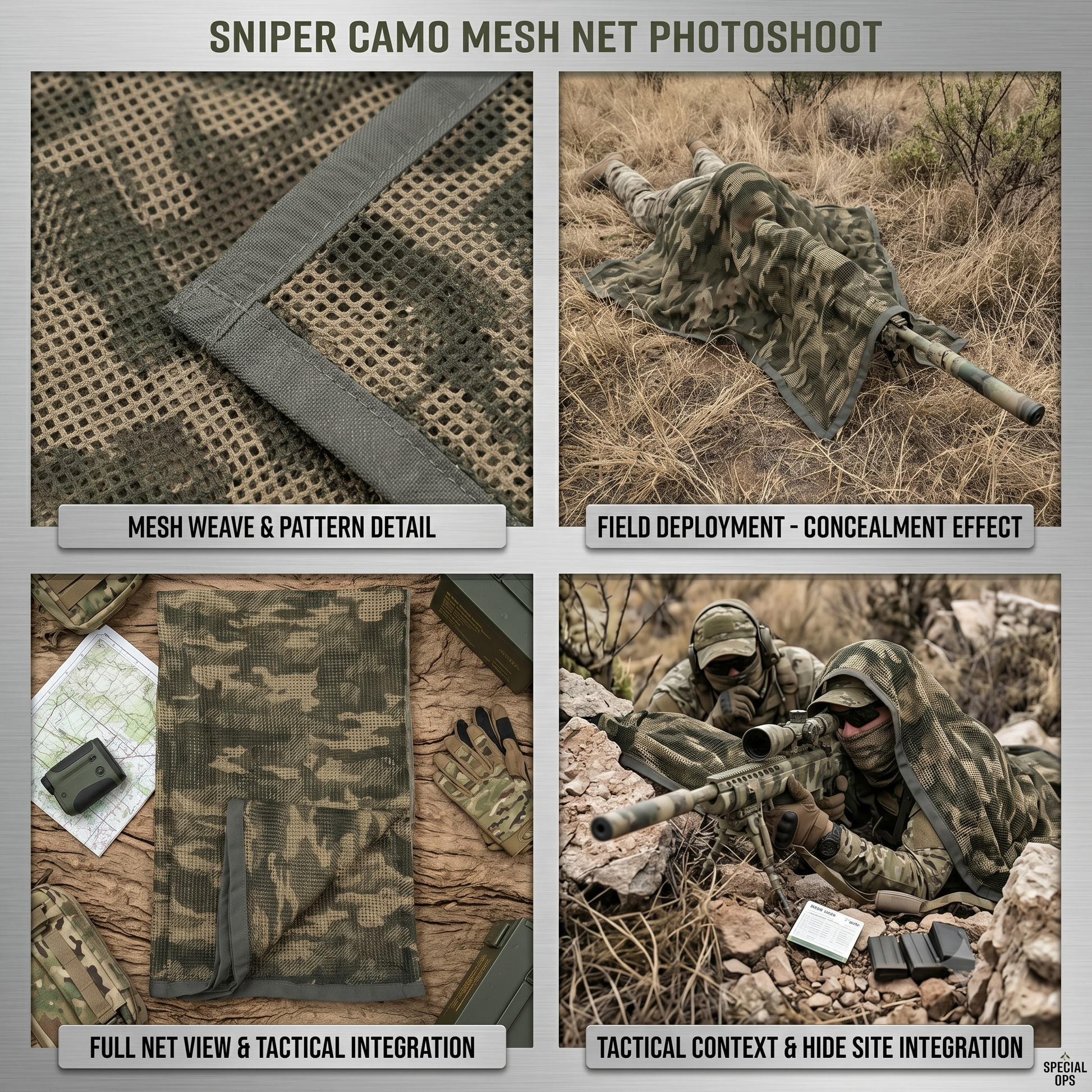 A tactical camouflage Ghost Mesh Sniper Net laid outdoors next to a sniper scope, tactical gloves, and outdoor survival gear in a dense forest setting.