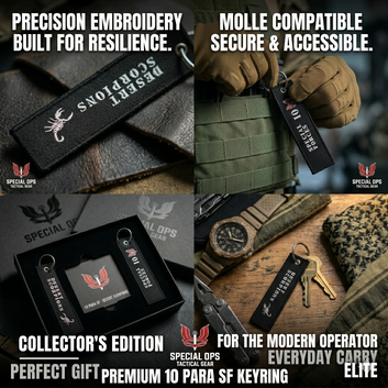 Woven flight tag style military keychain for 10 PARA Special Forces, designed for everyday carry and tactical gear.
