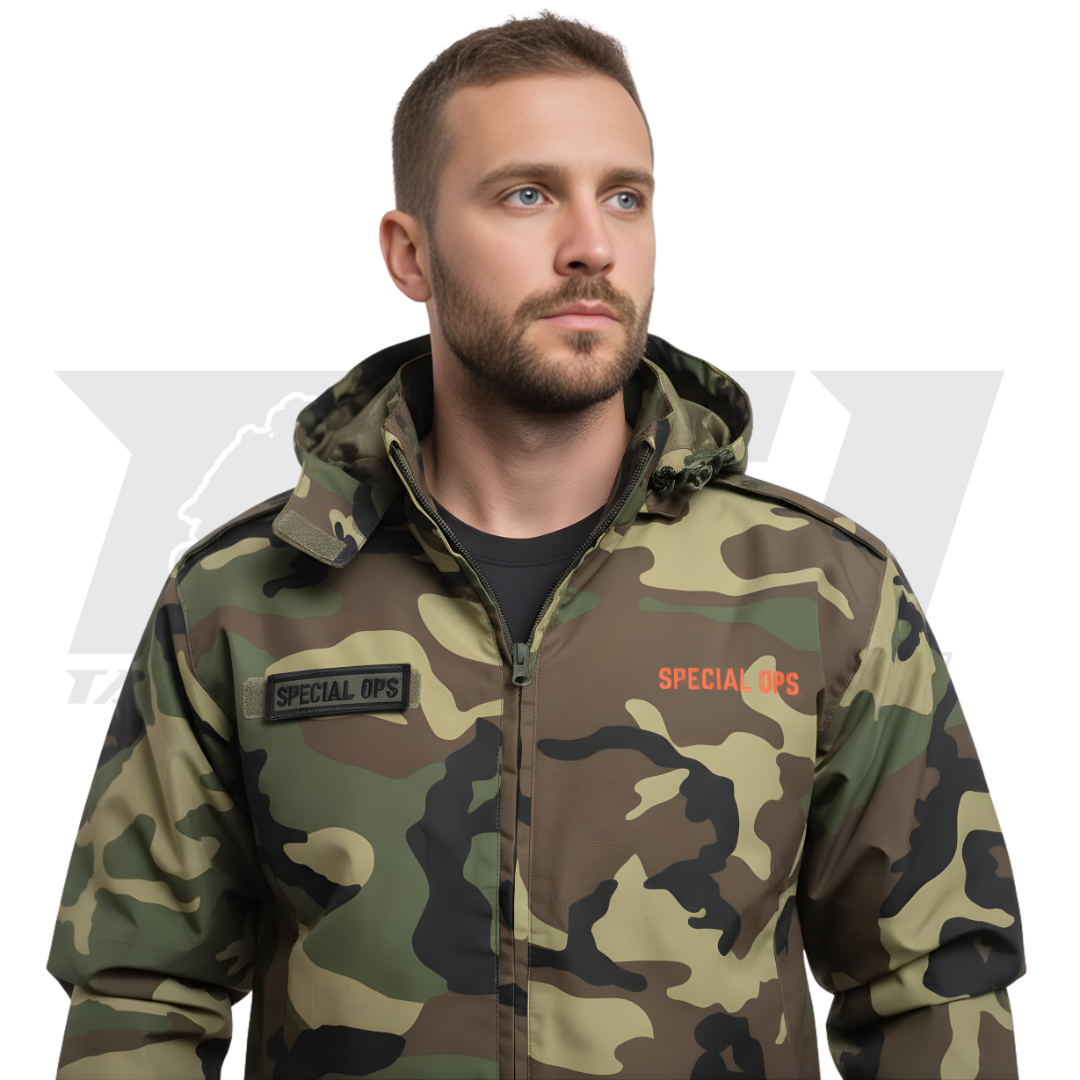 Detail shot of YKK full-length zipper and two large front pockets on windbreaker