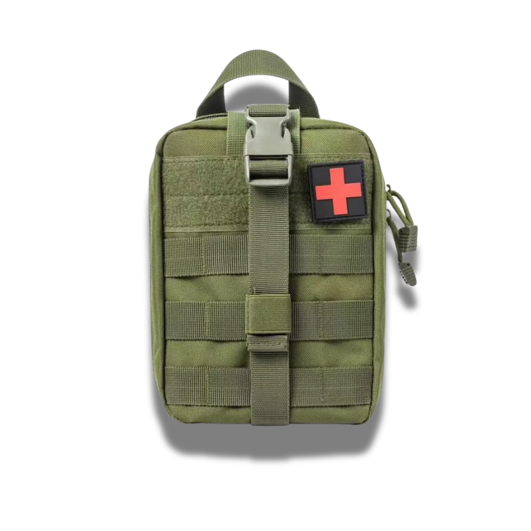 SPECIAL OPS Tactical First Aid Pouch mounted on an olive green plate carrier.