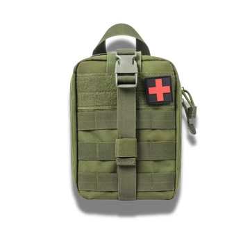 SPECIAL OPS Tactical First Aid Pouch mounted on an olive green plate carrier.