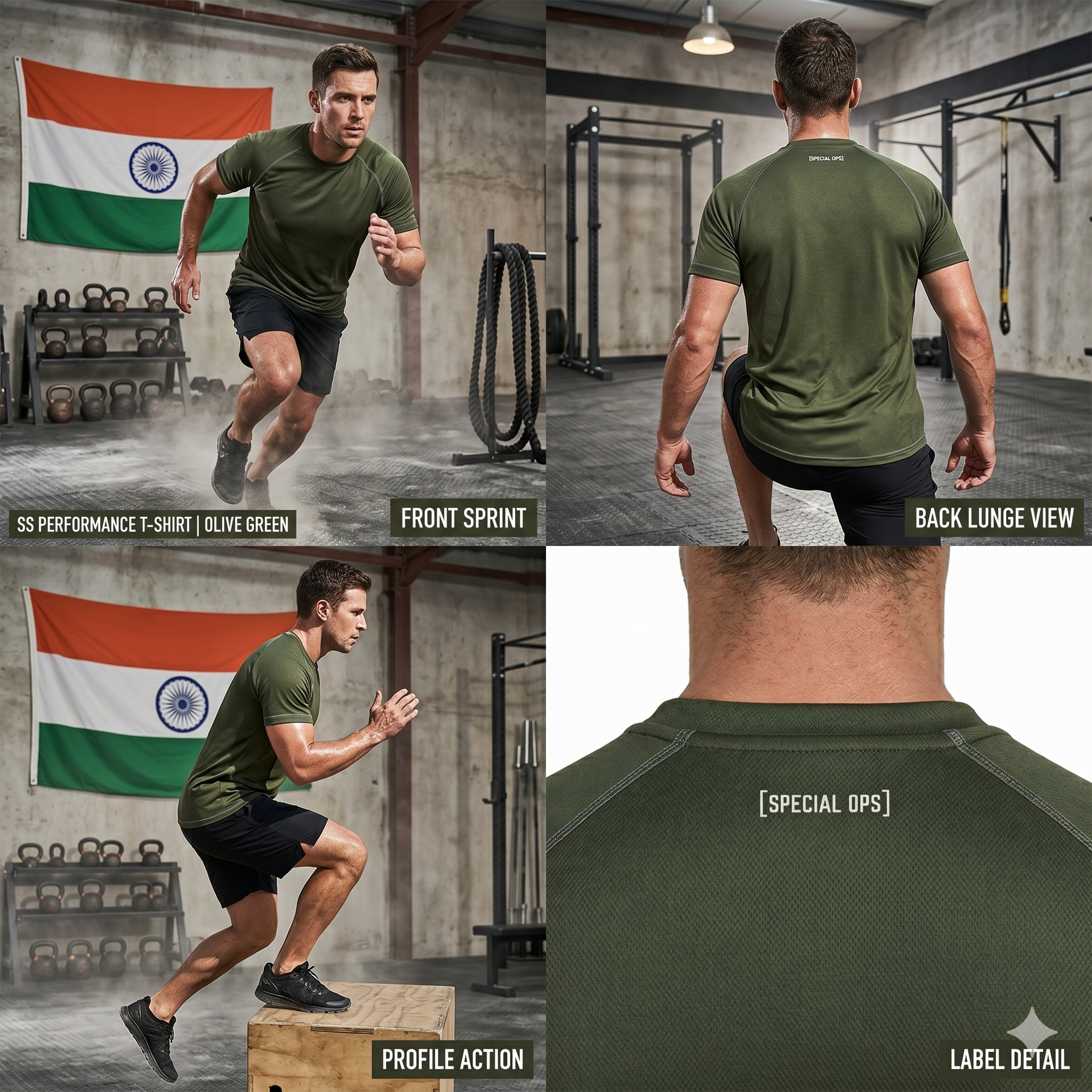 Side profile of a sporty male stepping onto a plyo box in a gym setting with an Indian flag in the background, modeling the quick-dry olive green tactical t-shirt.