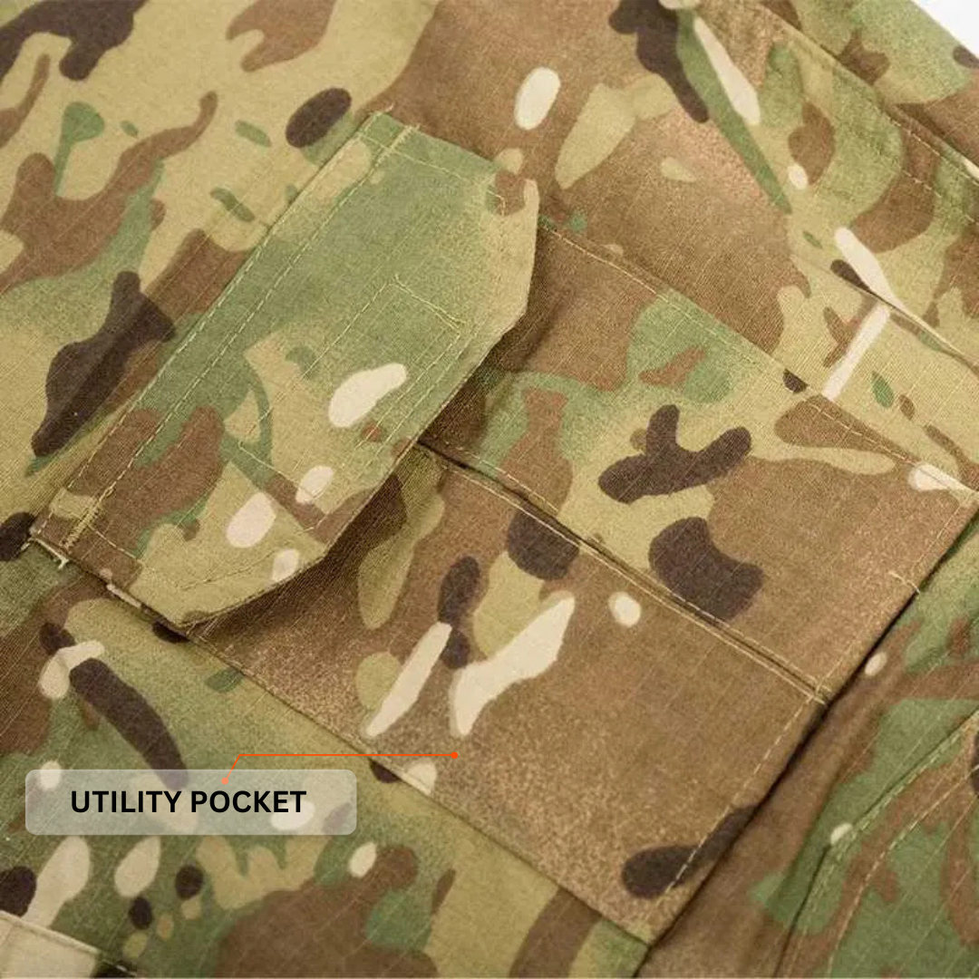 Camouflage military uniform with a utility pocket labeled
