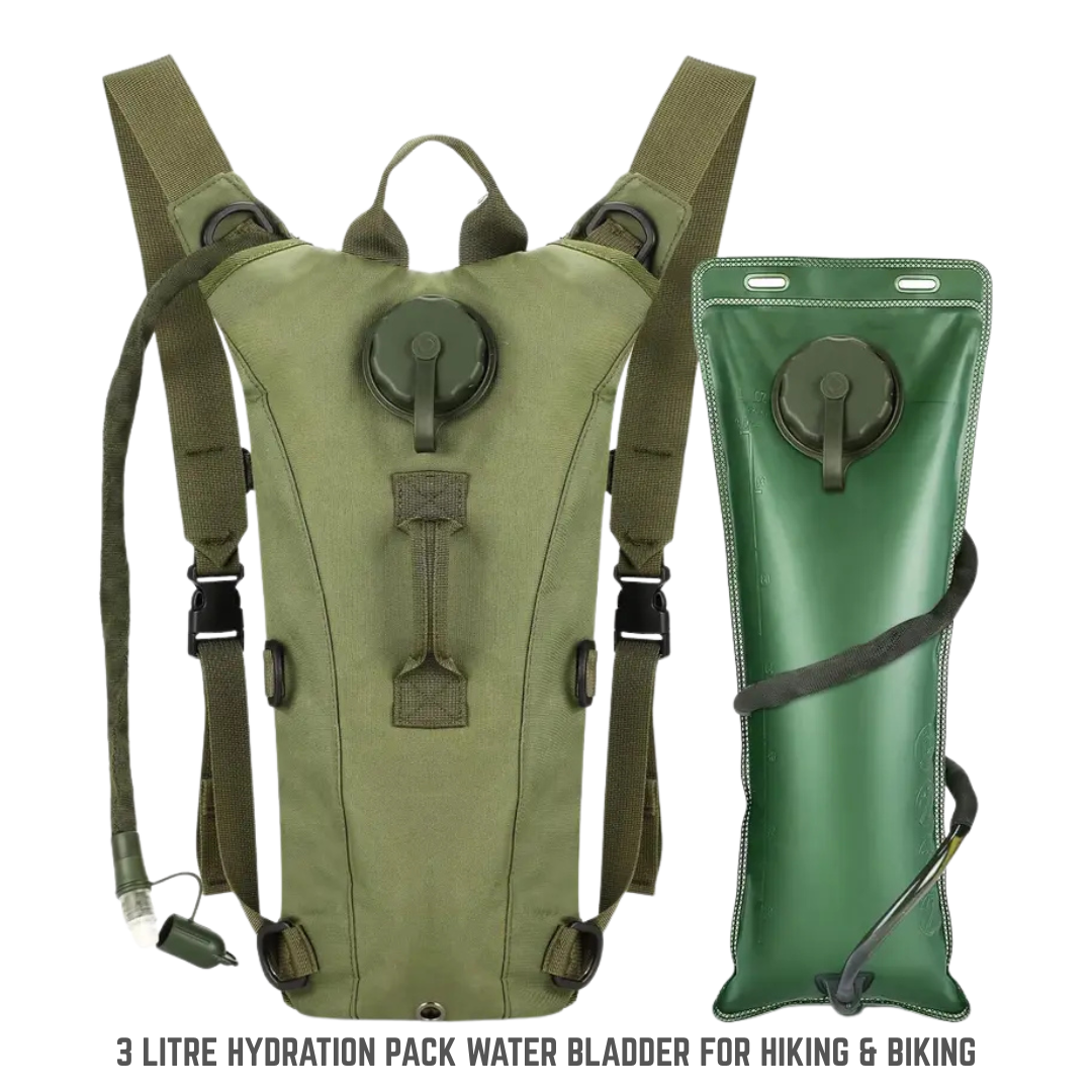 Army green tactical hydration pack with 3L water bladder on rugged terrain