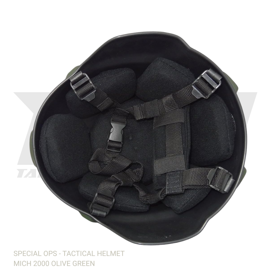 Modular tactical helmet with integrated night vision mount, Picatinny rails, and velcro patch panel in OD green color