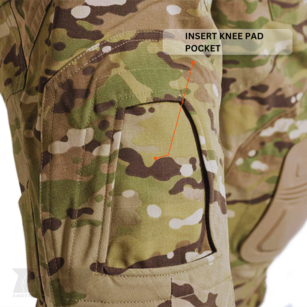 Camouflage knee pad pocket on a military-style uniform with an inset label.