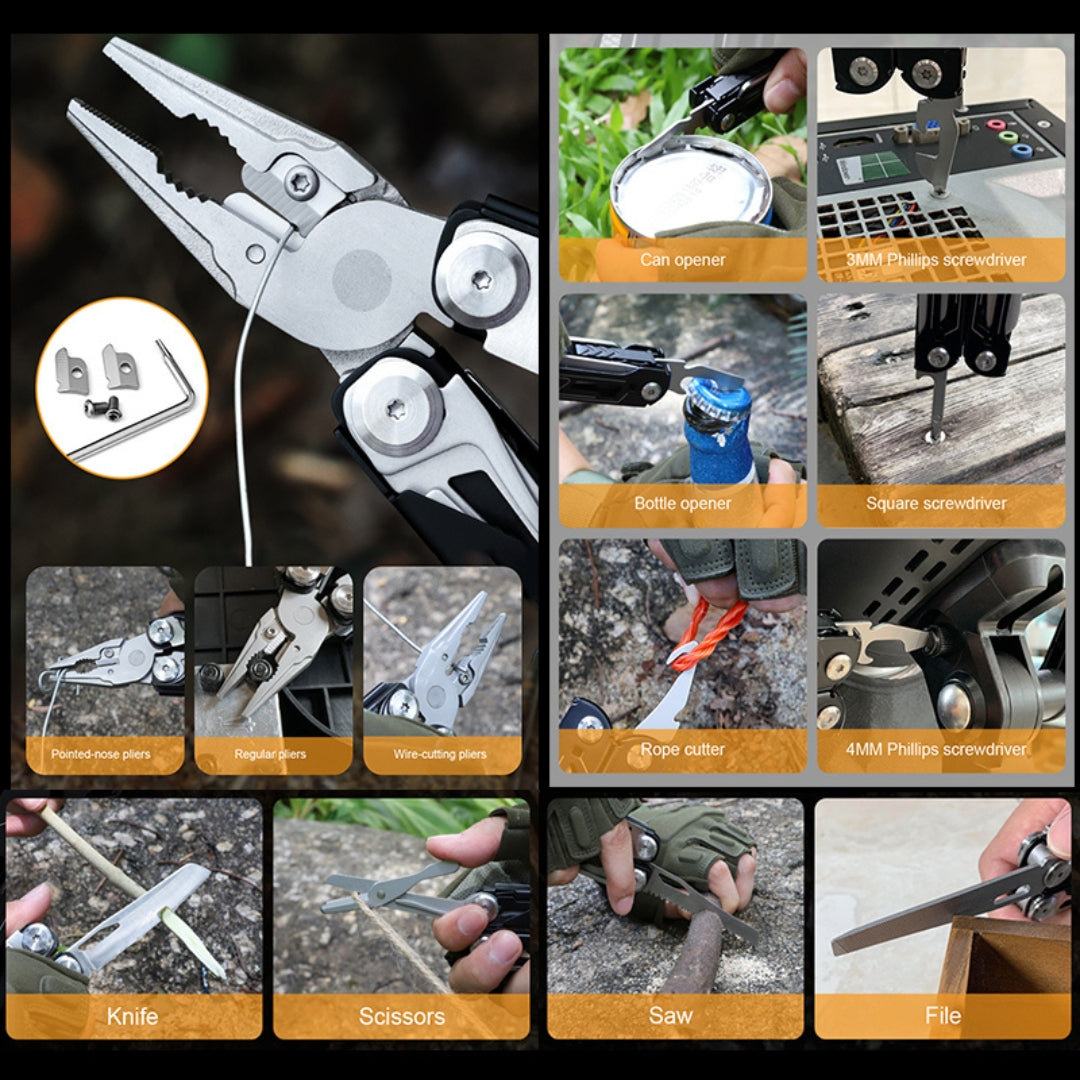 Camping essential multi tool with serrated blade and wire cutter for bushcraft and hiking