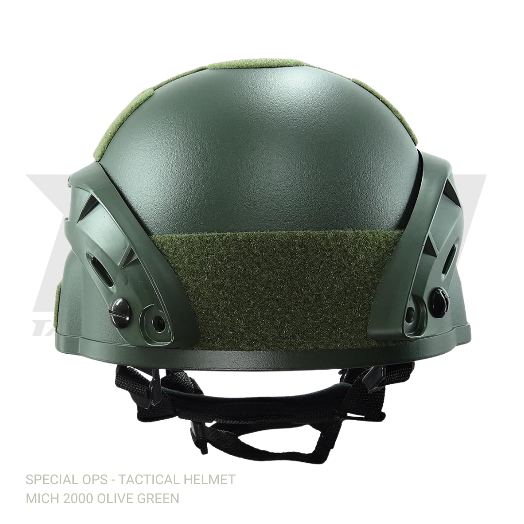 Olive drab green MICH 2000 airsoft helmet showing adjustable straps, side rail mounts, and padded interior protection system