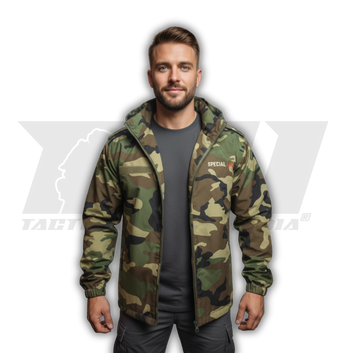 Man wearing Woodland Airshell WP Windjacket outdoors showing adjustable hood and elastic cuffs