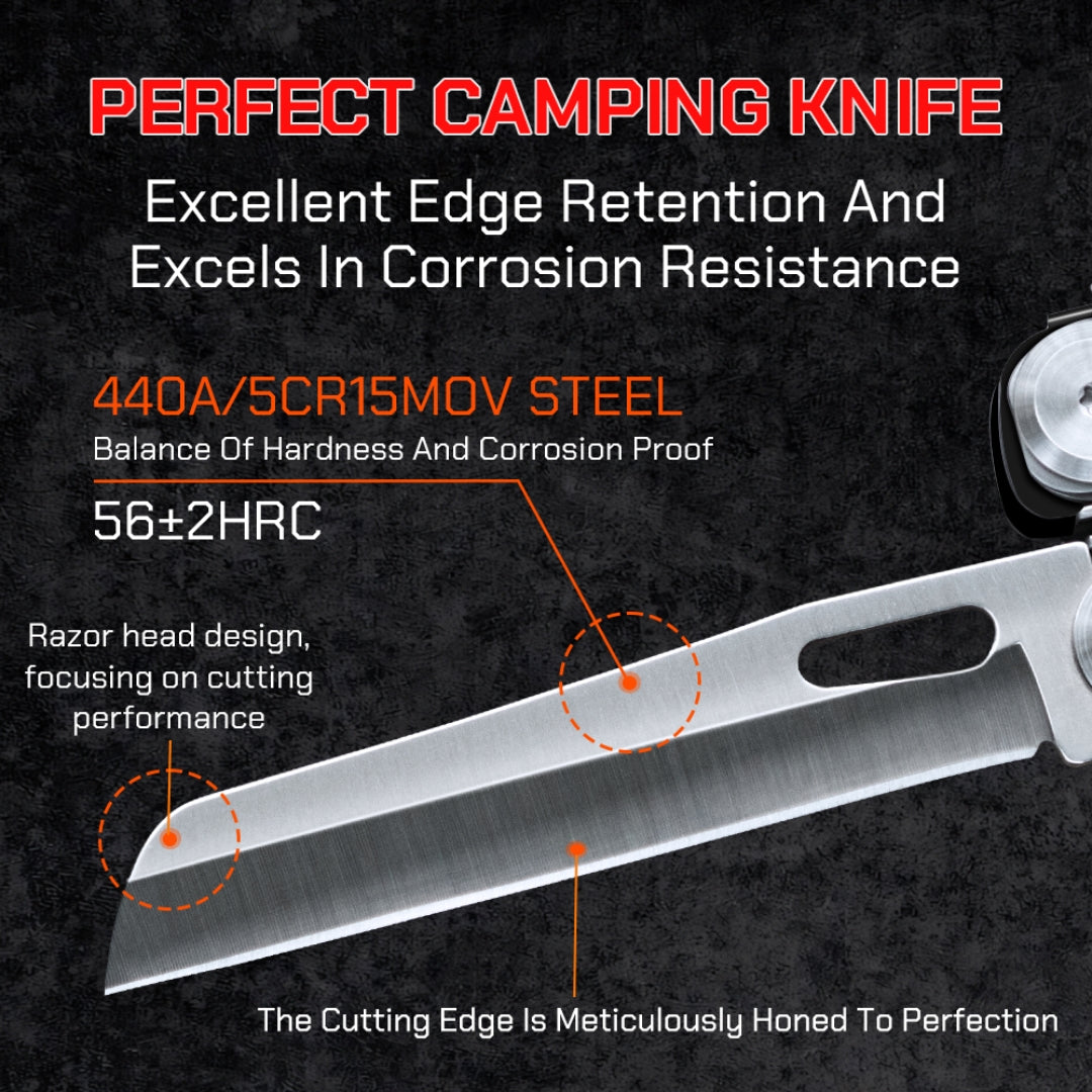Close-up of 440 stainless steel blade with 56 HRC hardness on TACTIMAN tactical multi tool