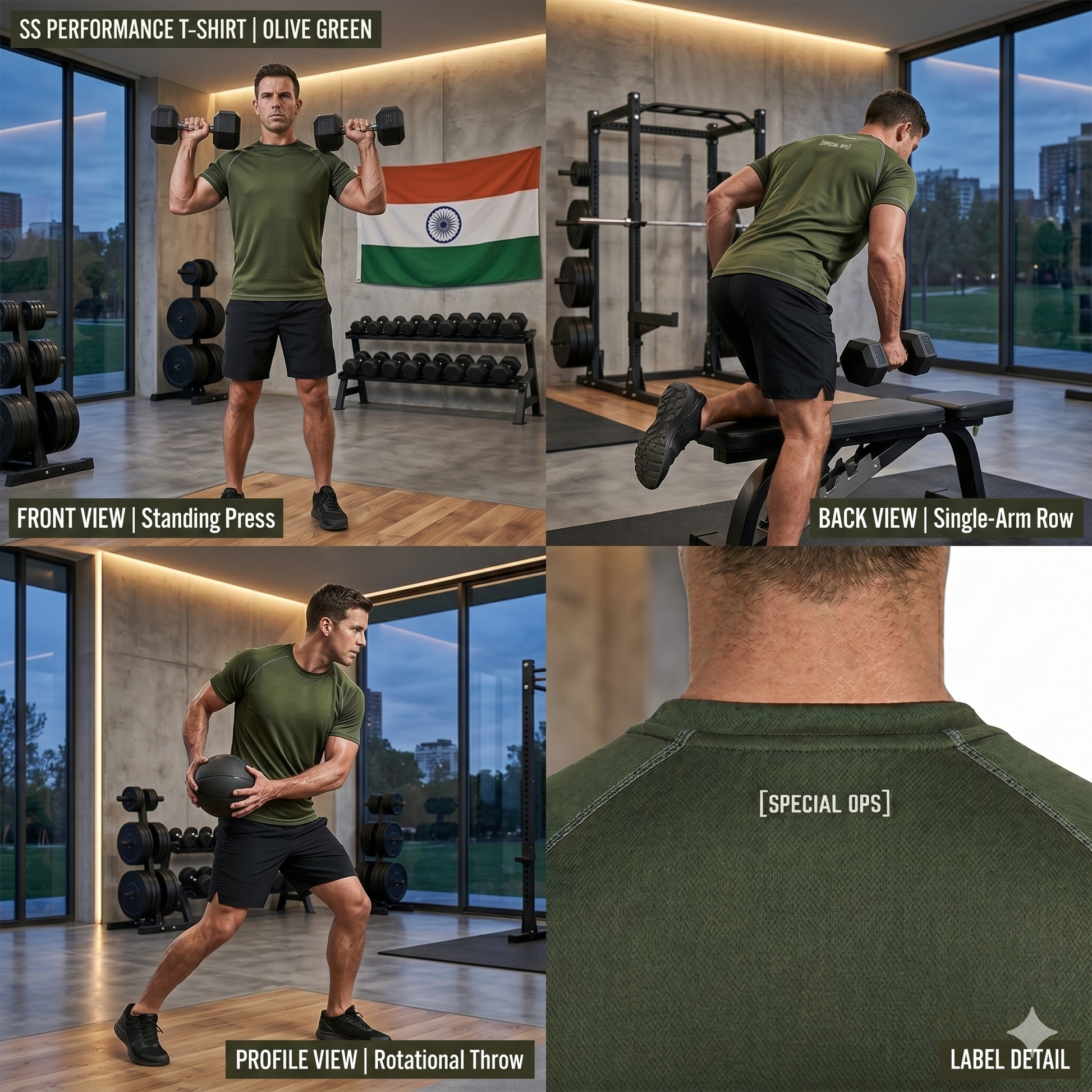 A muscular male model doing a front sprint in an indoor gym, wearing the SPECIAL OPS olive green tactical raglan t-shirt made of dry-fit dot knit.