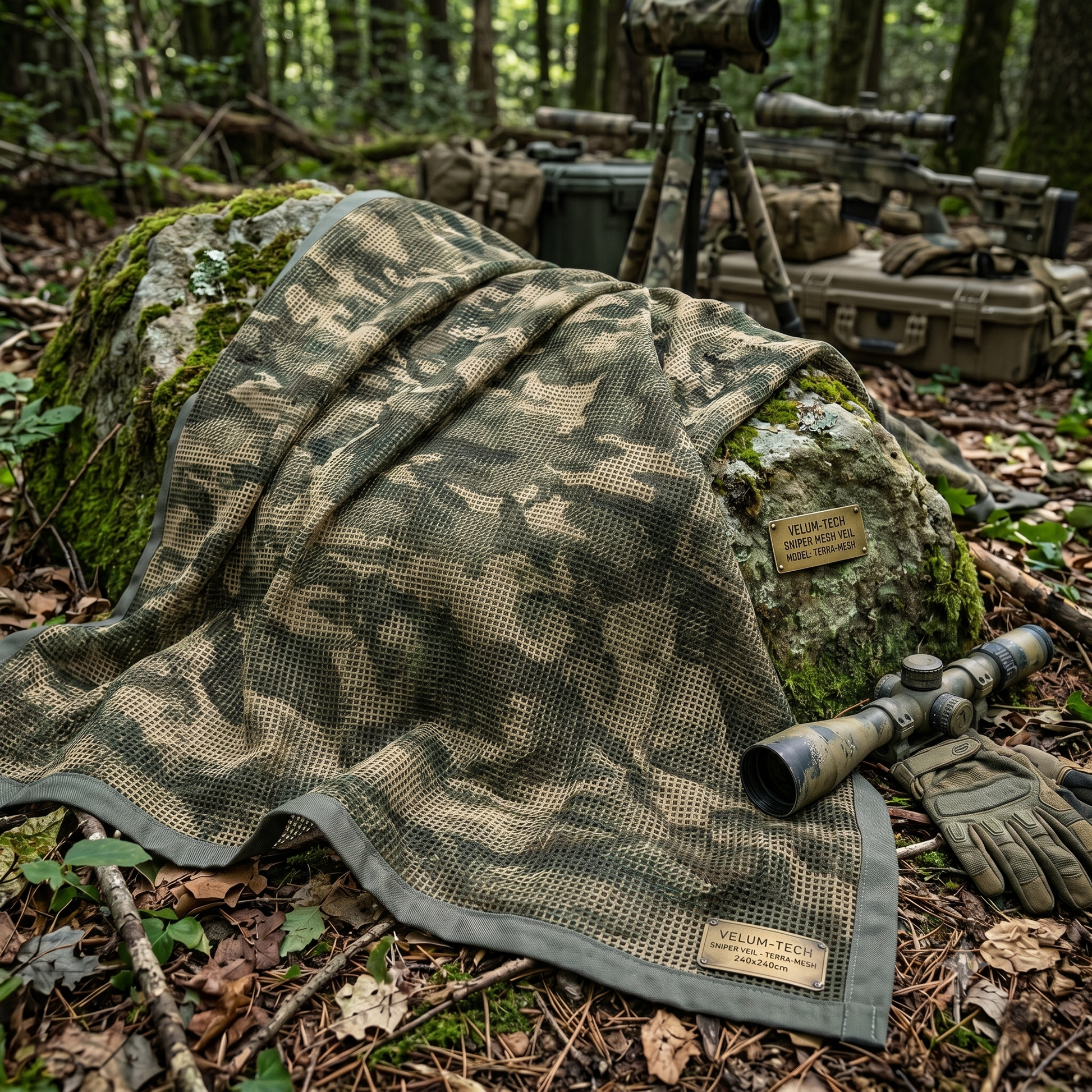 Lightweight and quick-dry tactical sniper veil in a woodland camo pattern, designed for versatile use as a face cover, scarf, or gear concealment.