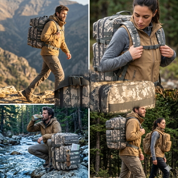 Durable military-style rucksack designed for hiking and outdoor survival, shown with adjustable chest straps and heavy-duty side compression buckles