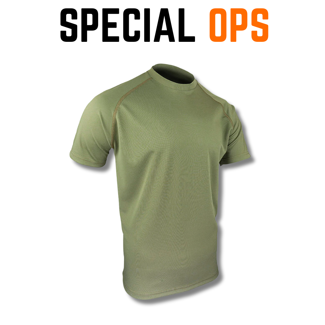 Operator T-Shirt Flat Lay – Black, Olive, Beige Color Options