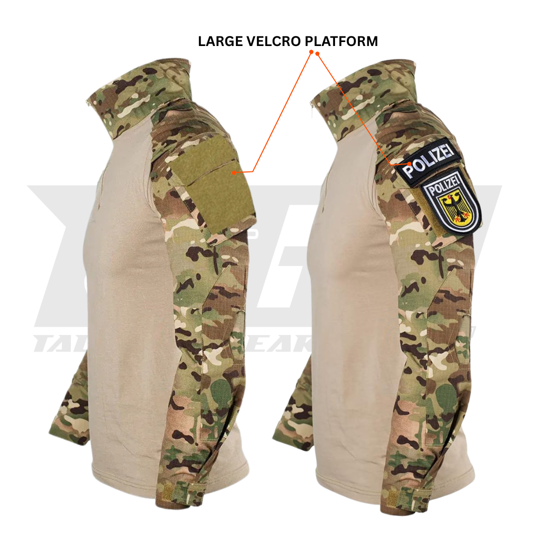 Army combat uniform featuring adjustable Velcro cuffs and reinforced elbows