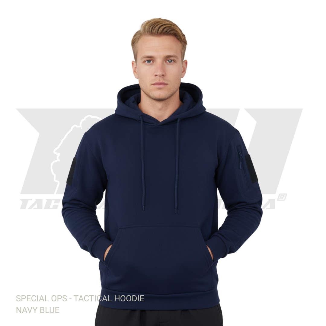 Premium black tactical hoodie by Special Ops showing zipper sleeve pockets and adjustable hood design