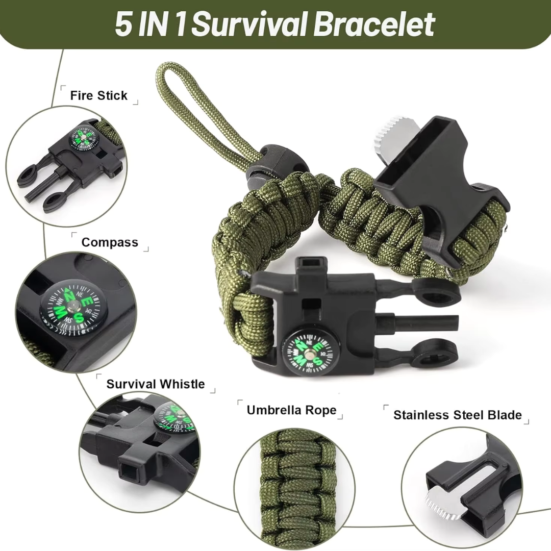 Olive Green tactical paracord bracelet with emergency whistle and flint fire starter