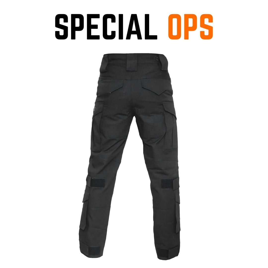 SPECIAL OPS Tactical Trousers in Black, paired with boots and a tactical belt.