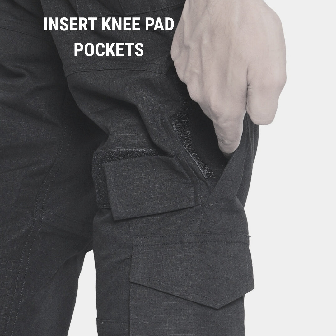 Close-up of the reinforced knee construction on the tactical operation trousers.