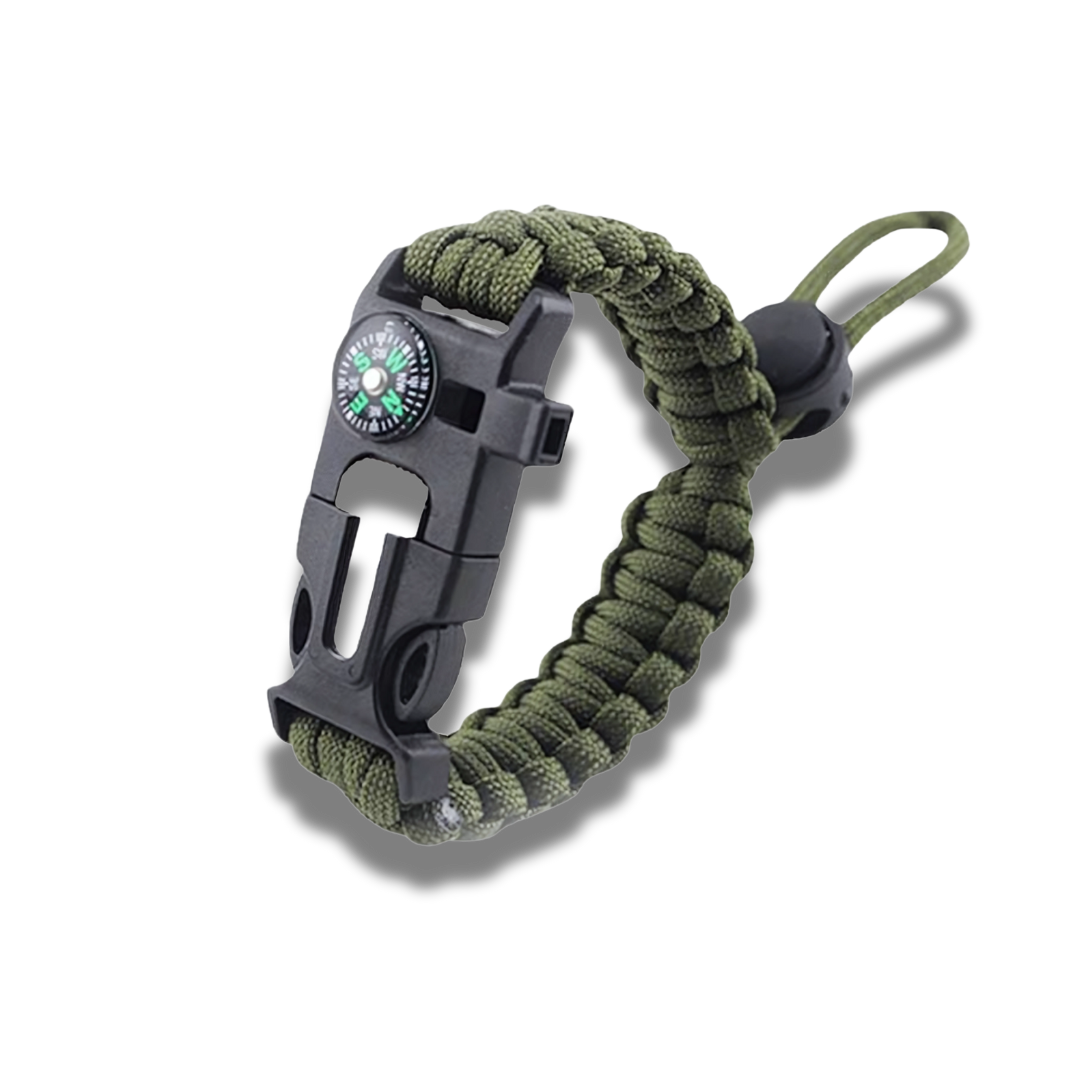 Tactical survival paracord bracelet with fire starter, compass, and whistle