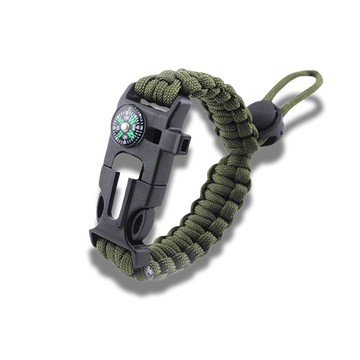 Tactical survival paracord bracelet with fire starter, compass, and whistle