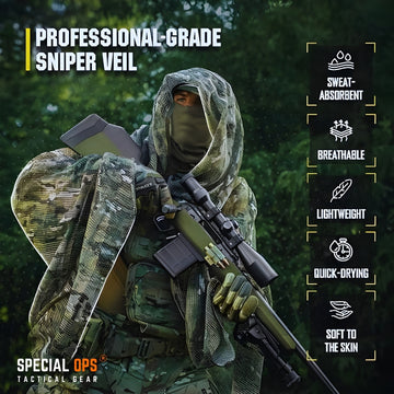 SPECIAL OPS Tactical Scrim Net Sniper Veil deployed on rifle and ghillie suit in forest
