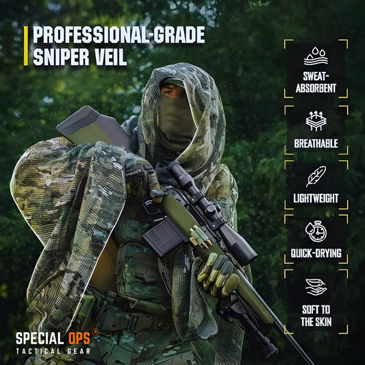 SPECIAL OPS Tactical Scrim Net Sniper Veil deployed on rifle and ghillie suit in forest