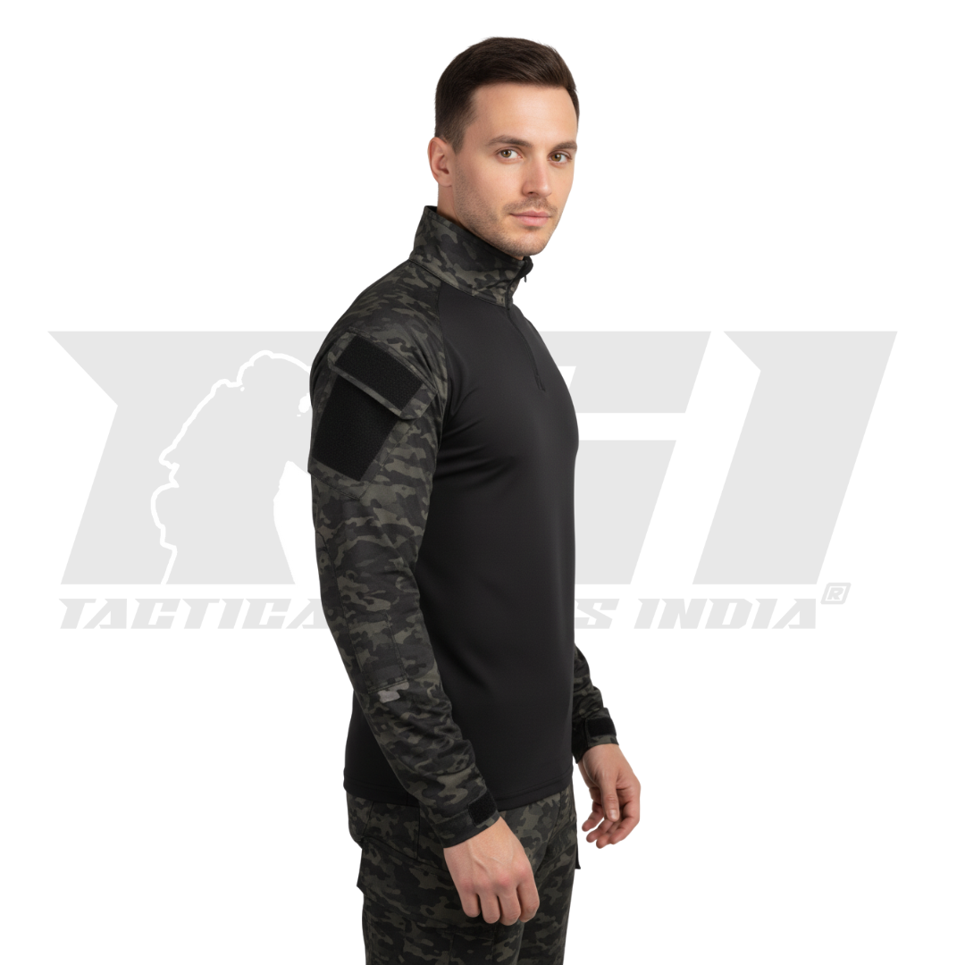 Operator wearing SPECIAL OPS black multicam combat shirt with bicep pockets and elbow pad configuration