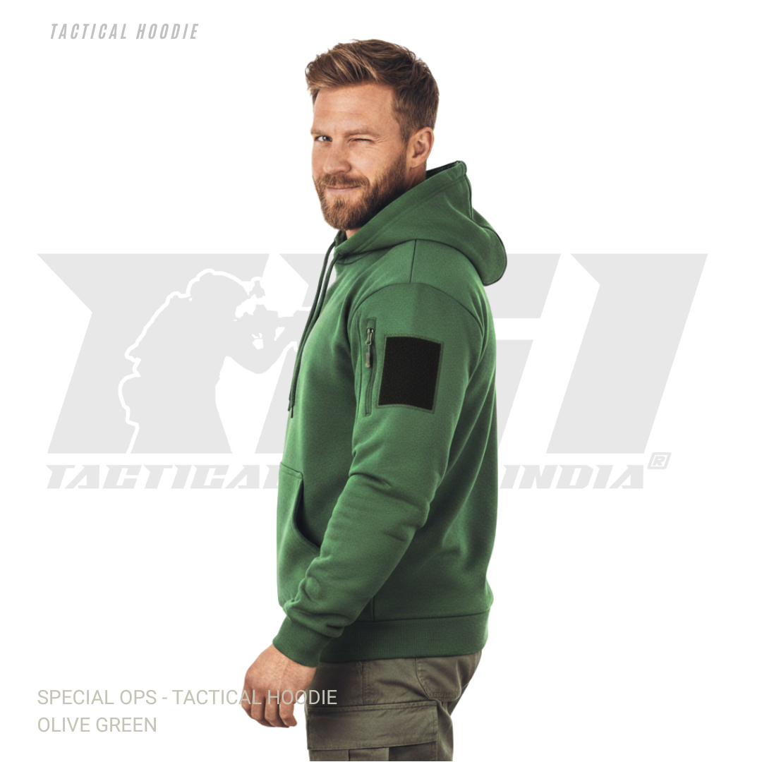 Olive green tactical hoodie with sleeve zipper pockets and velcro patch panels for military and special ops use