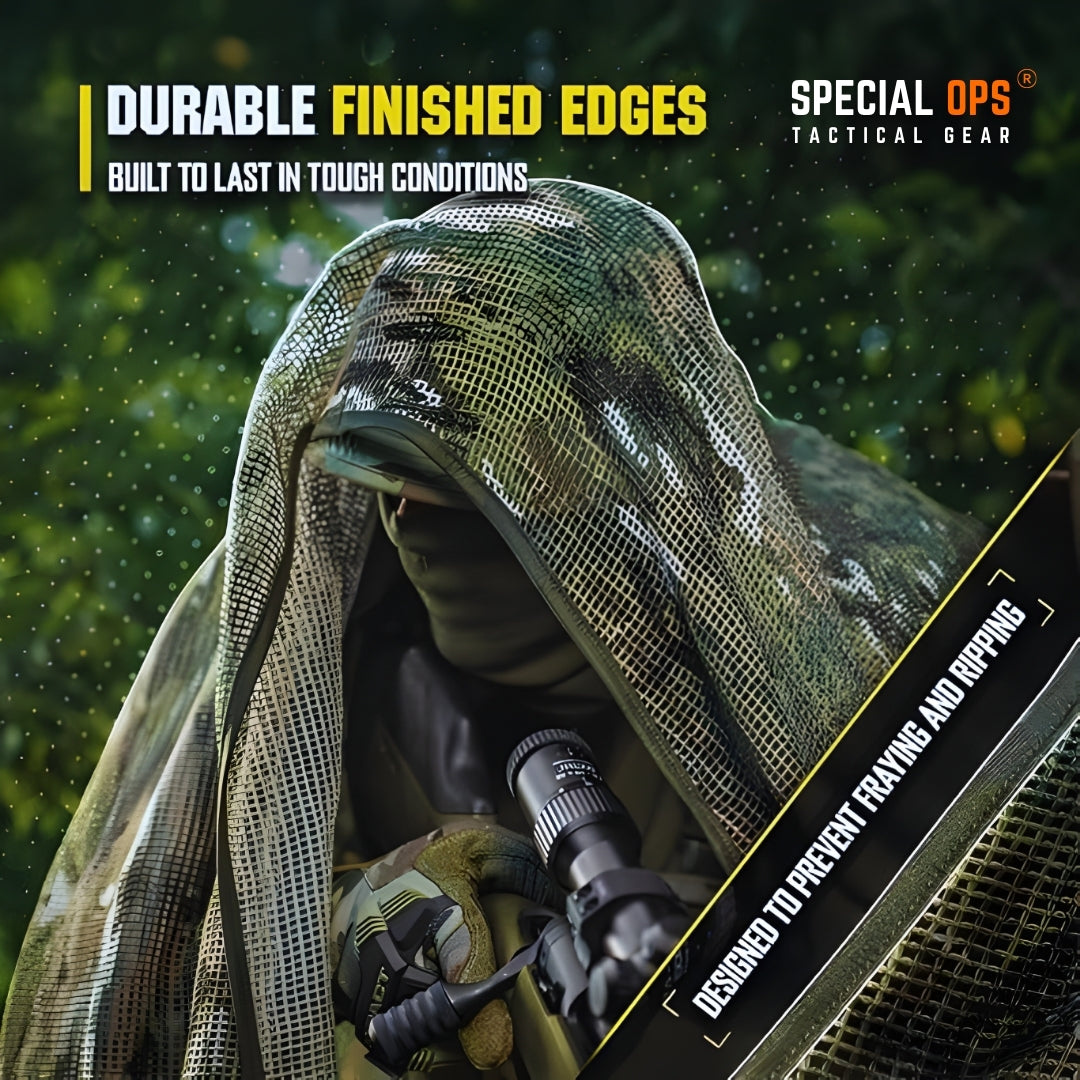 Soldier wearing the olive green tactical scrim net for face concealment in field