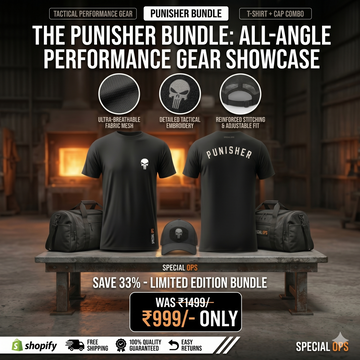 Front view of the black Spec Ops tactical t-shirt featuring the classic skull logo.