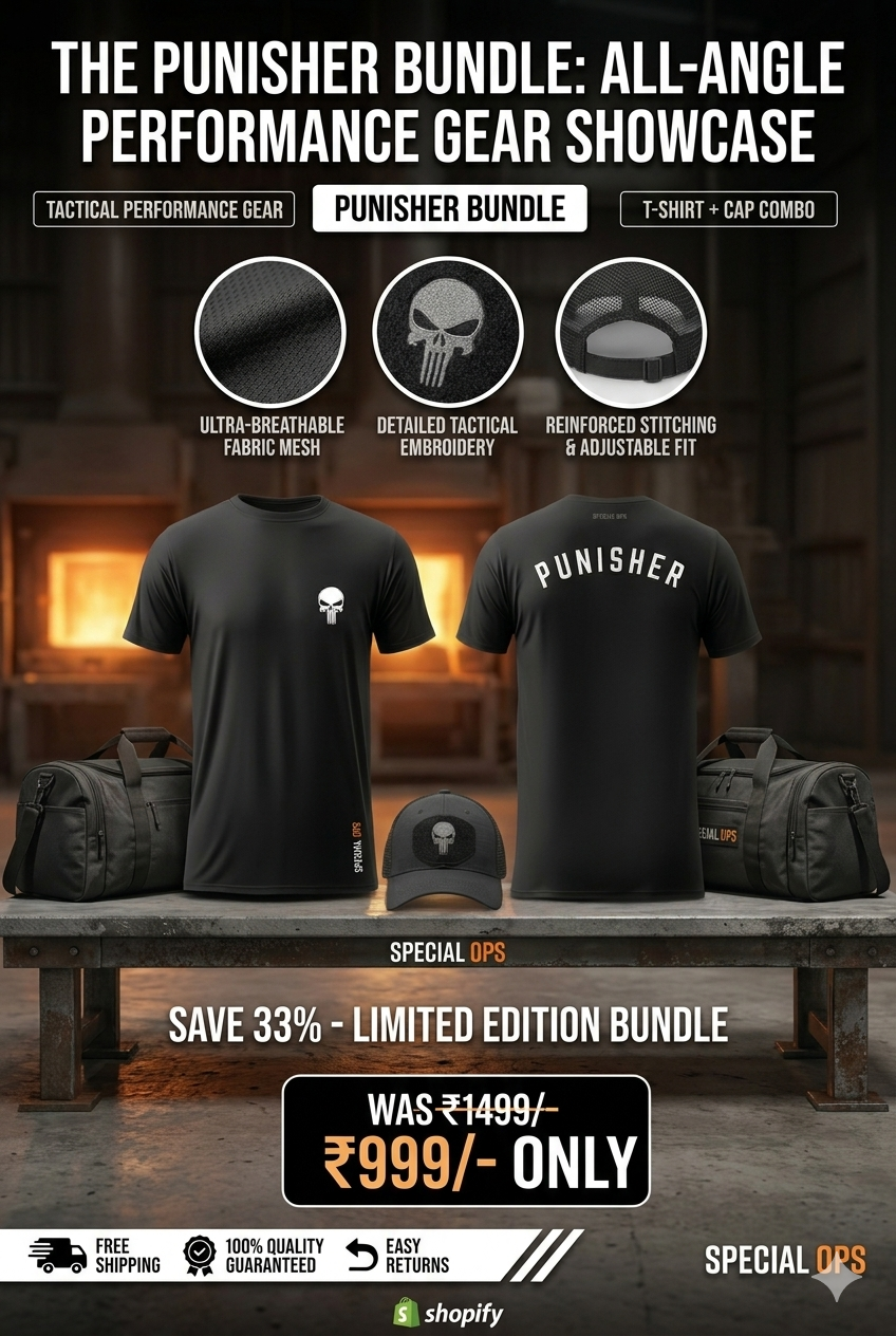 The complete Spec Ops Operator Combo display showing the performance t-shirt, cap, and tactical duffel bag.