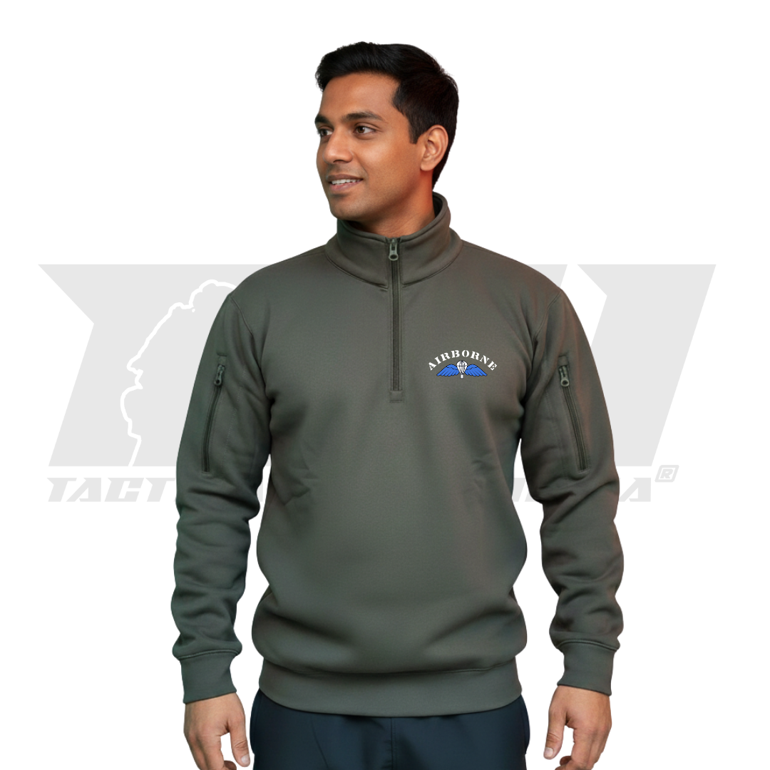Olive green Airborne jacket in matte bonded fleece fabric inspired by Indian Army PARA Special Forces with zipper sleeve pockets
