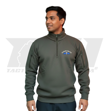 Olive green Airborne jacket in matte bonded fleece fabric inspired by Indian Army PARA Special Forces with zipper sleeve pockets