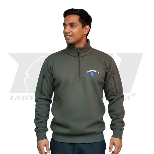 Olive green Airborne jacket in matte bonded fleece fabric inspired by Indian Army PARA Special Forces with zipper sleeve pockets