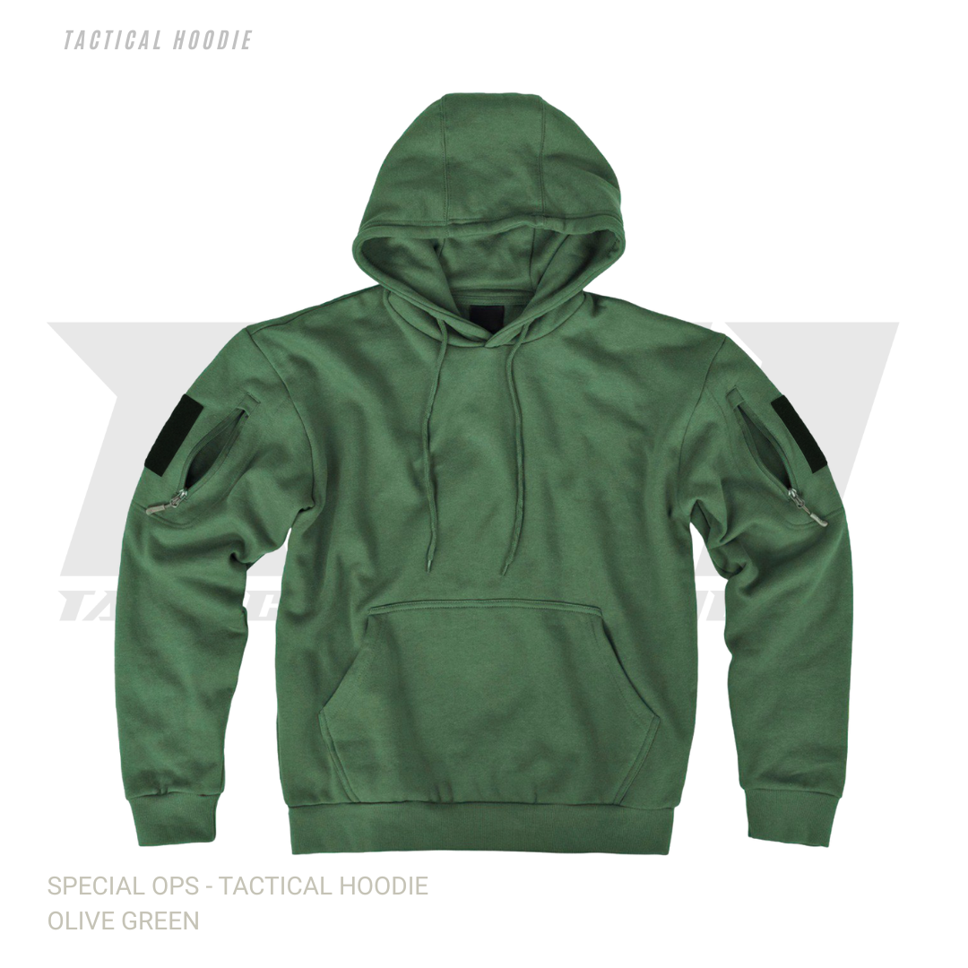 Special Ops winter tactical hoodie in olive green with adjustable hood and military patch panels made in India