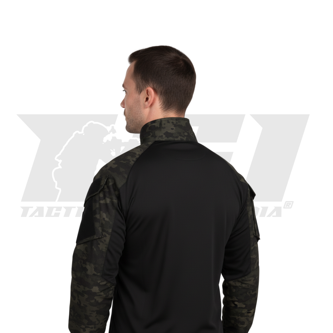 Black multicam military uniform set featuring tactical pants with double layer seat and combat shirt