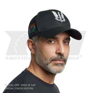 Side profile of the tactical cap showing the Special Ops logo and Indian flag patch.
