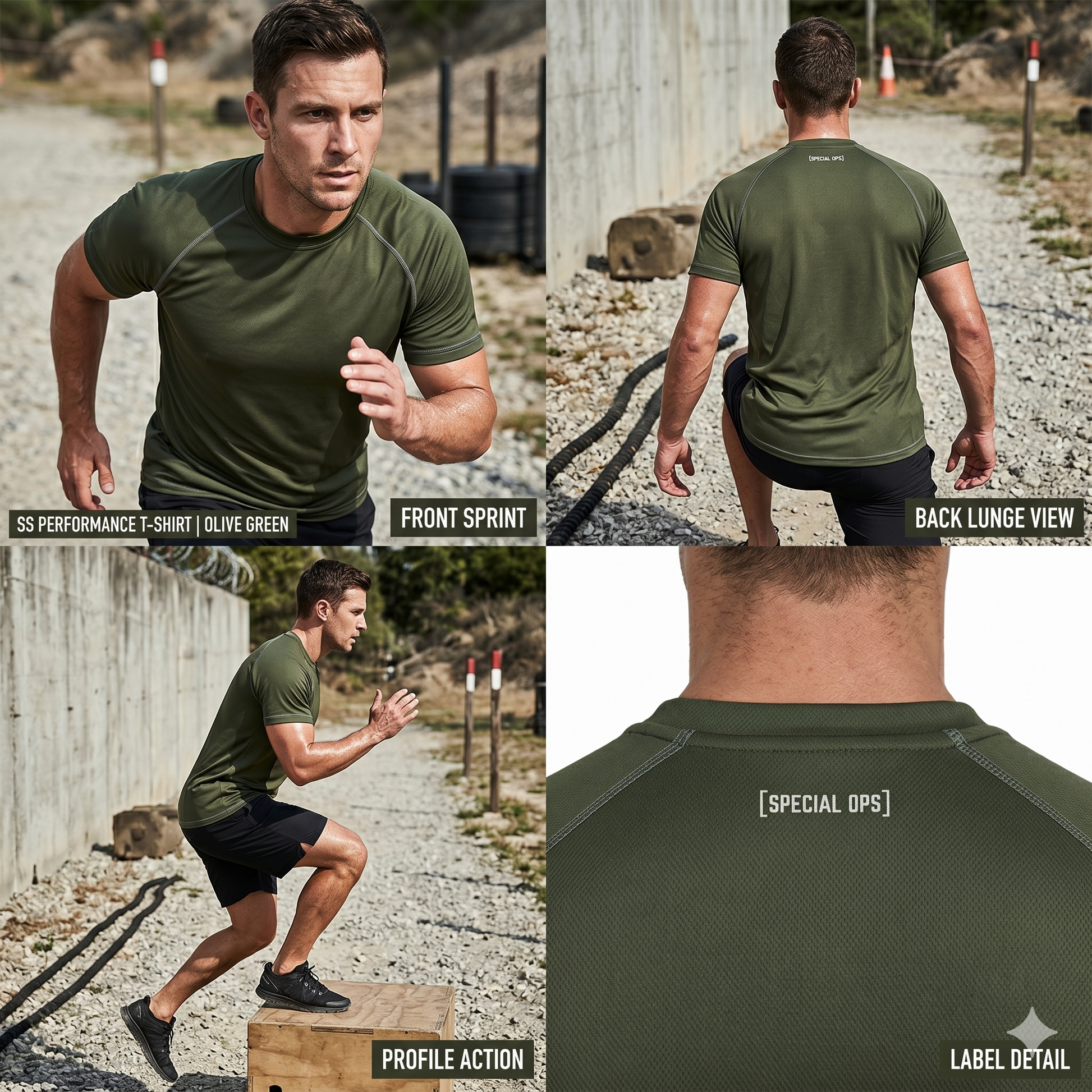 Back view of a man performing a back lunge in a rugged gym environment, showcasing the moisture-wicking and breathable fabric of the olive green active wear tactical t-shirt.