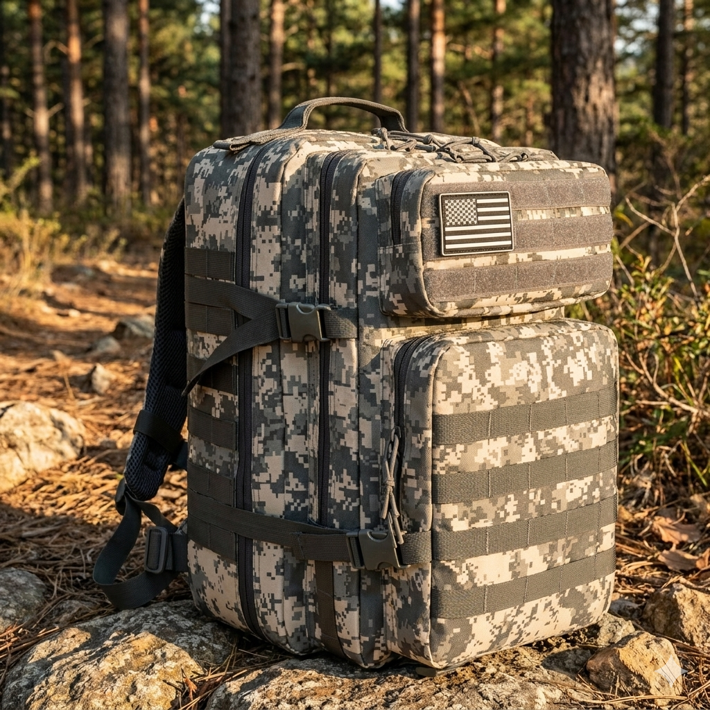 A large tactical backpack in digital ACU camouflage featuring multiple zippered compartments, MOLLE webbing, and a monochrome American flag patch on the front pocket