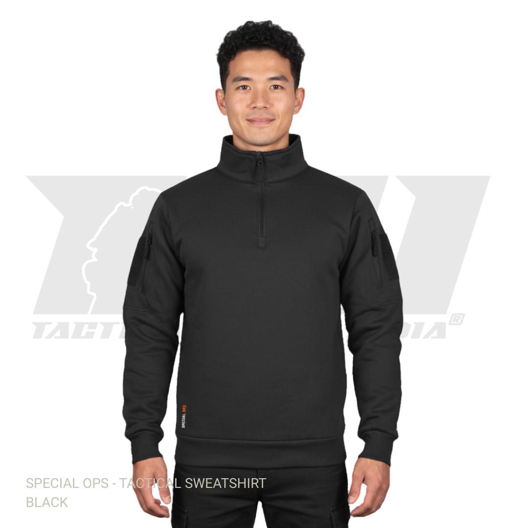 Black tactical sweatshirt with sleeve zipper pockets and velcro patch panels for winter military operations